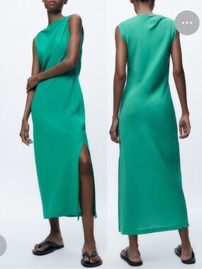 Zara Green Linen Blend Midi Dress with Side Slit